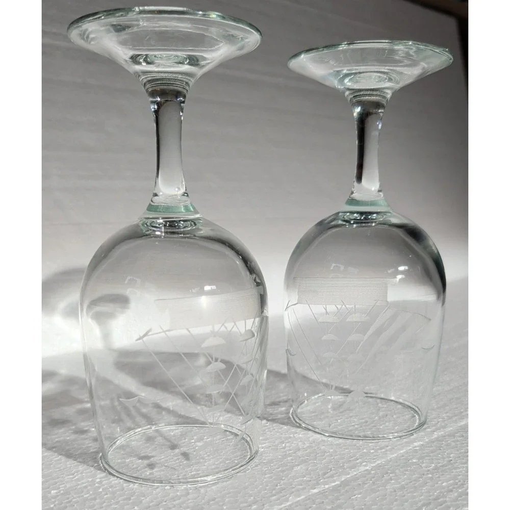 PAIR JAVIT Clipper Collection Etched Glass Sail Ship‎ Wine Glass 10 oz VTG 6.5
